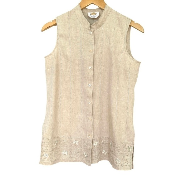 Talbots button down shirt, sleeveless with mandarin  collar, Irish linen - Picture 1 of 8